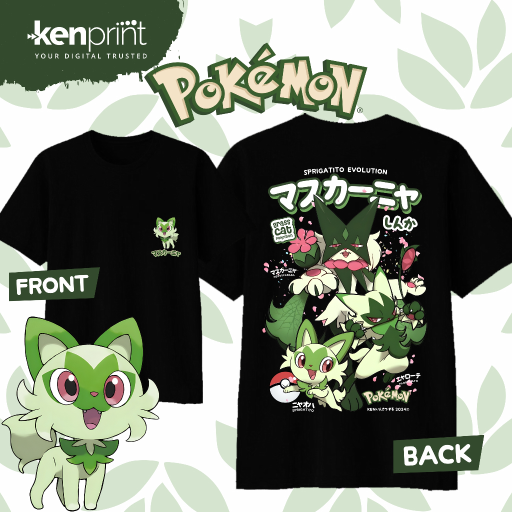 Street Fashion In Japan - Anime Pokémon Sprigatito Evolution Cotton T-shirt
