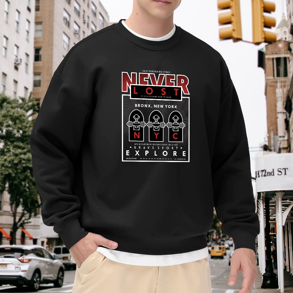 Street Style New York Fashion - Men's Black Crew Neck Pullover Sweatshirt