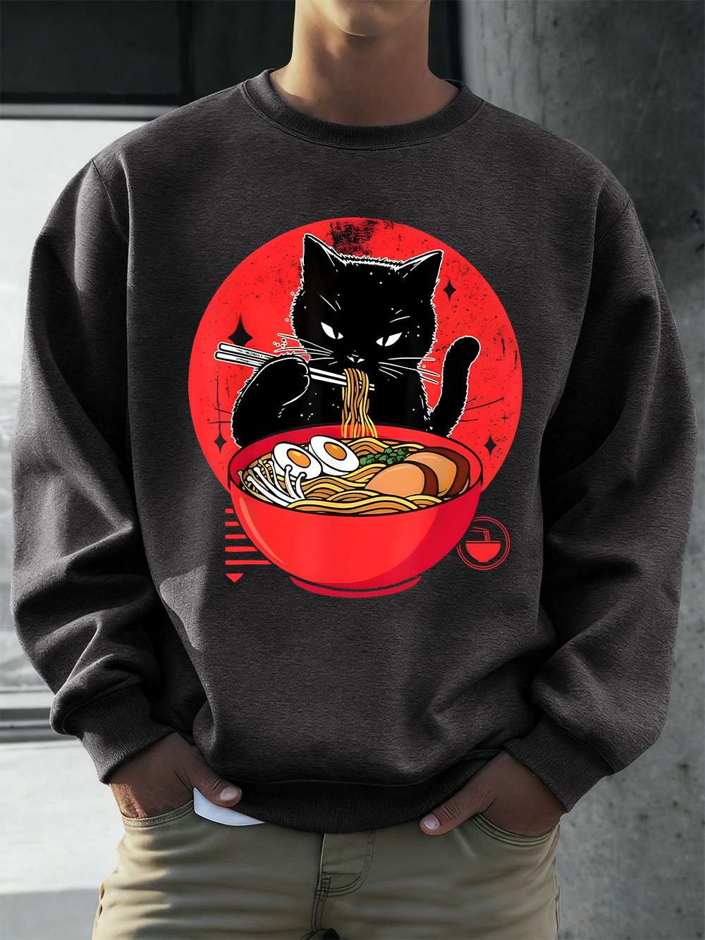 Oversized Crewneck Fleece - Cat Enjoy Lamian Noodles Prints Mens