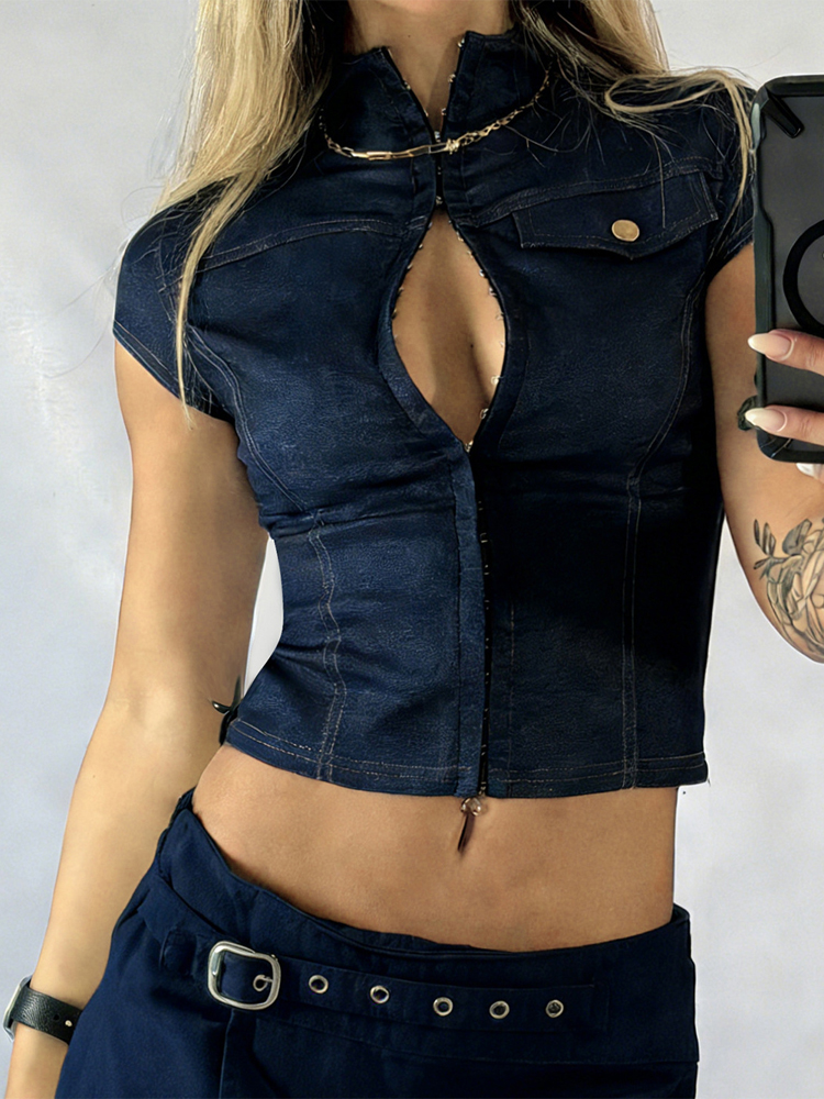 Street Fashion Com - Women Fashion Dark Blue Zip Up