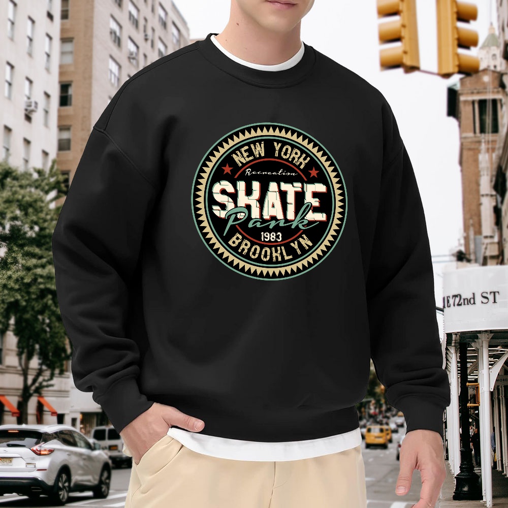 Street Style New York Fashion - Men's Black Crewneck Sweatshirt with New