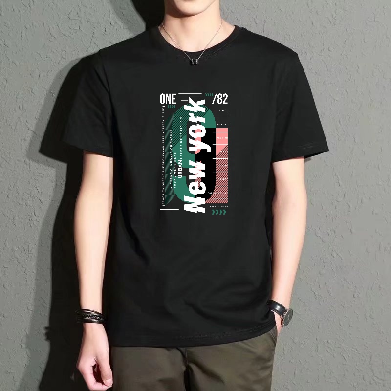 Street Style New York Fashion - Men's Black Round-Neck Short-Sleeved T-Shirt, New