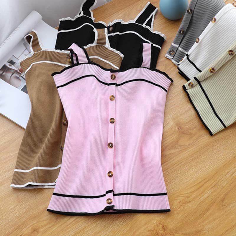 New Knit Tank Top Button Crop  - Street Fashion Style Youtube ulasan dan harga