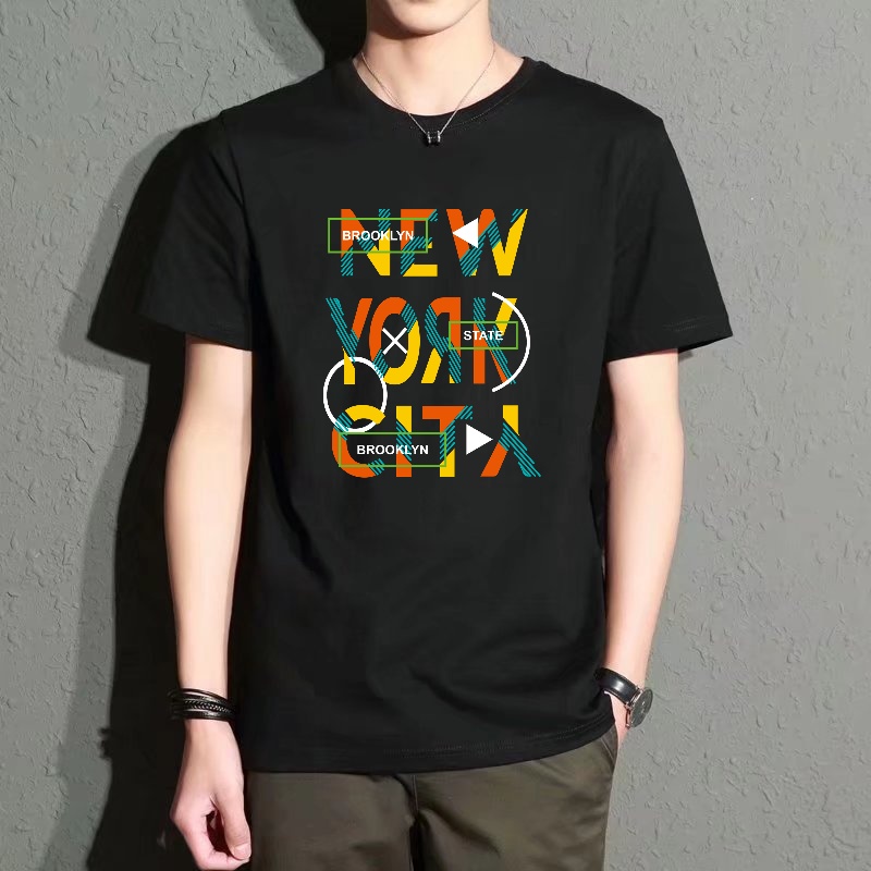 Men's Black Round-Neck Short-S - Street Style New York Fashion ulasan dan harga