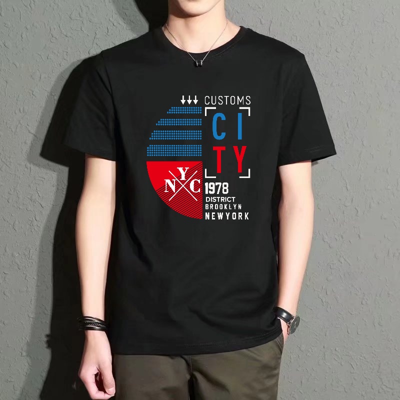 Men's Black Round-Neck Short-S - Street Style New York Fashion ulasan dan harga