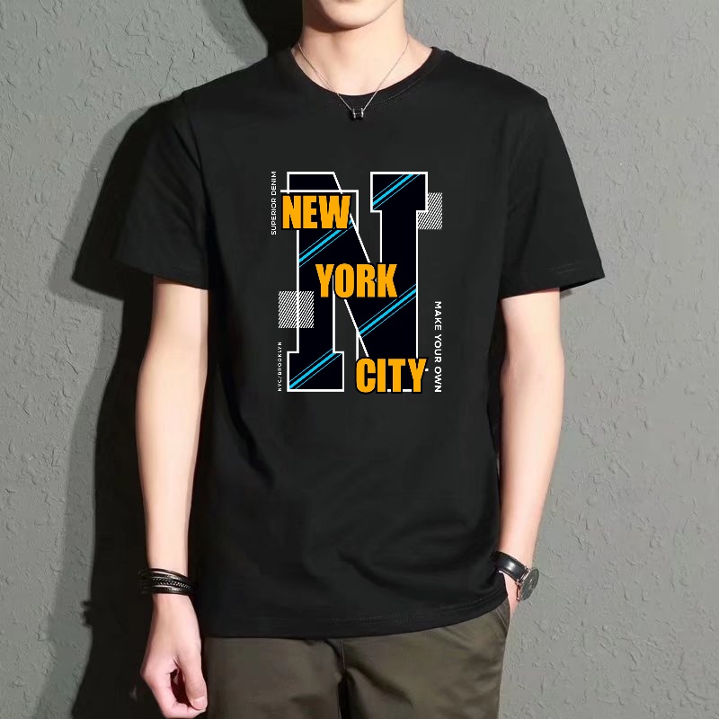 Men's Black Round-Neck Short-S - Street Style New York Fashion ulasan dan harga