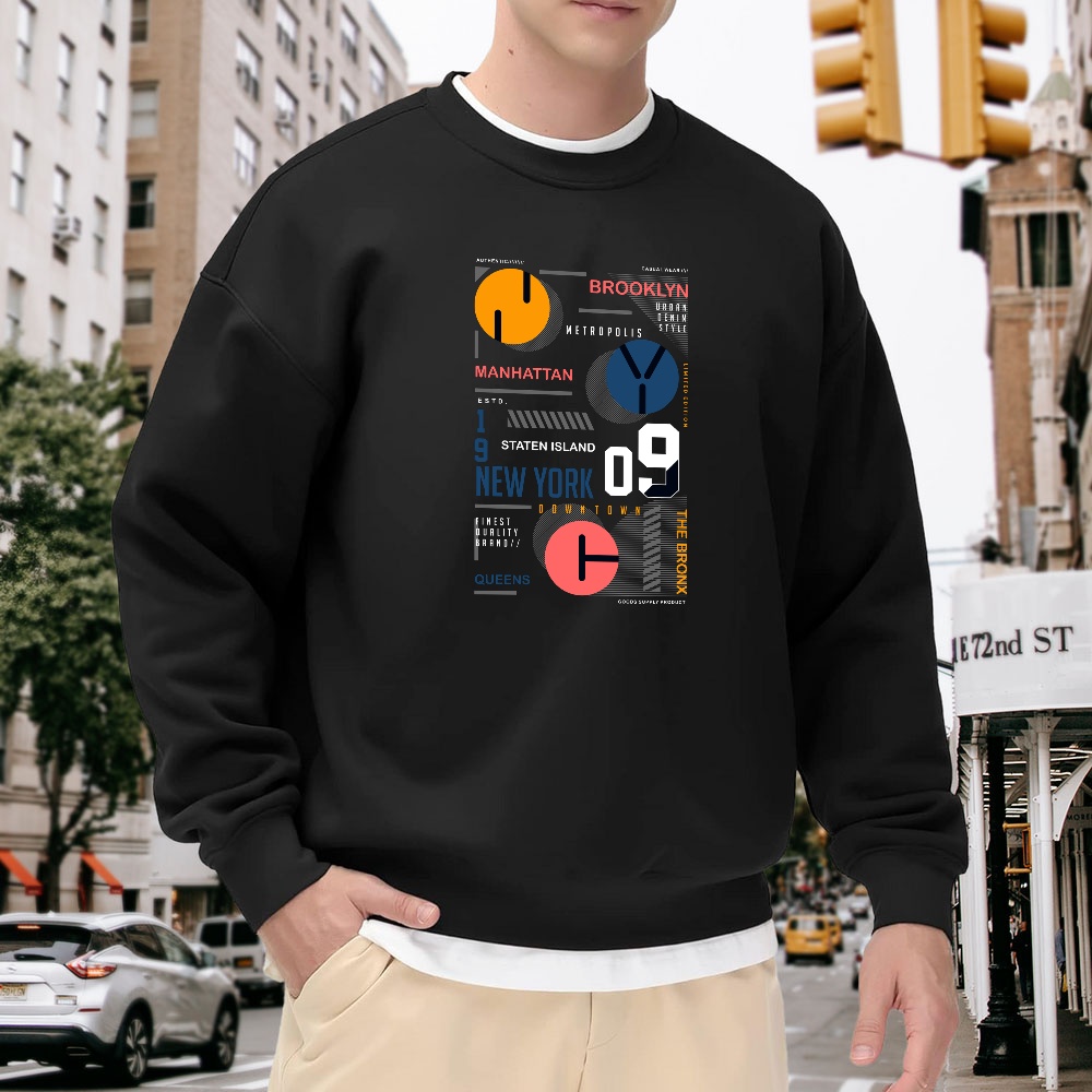 Men's Black Crew Neck Loose Sw - Street Style New York Fashion ulasan dan harga