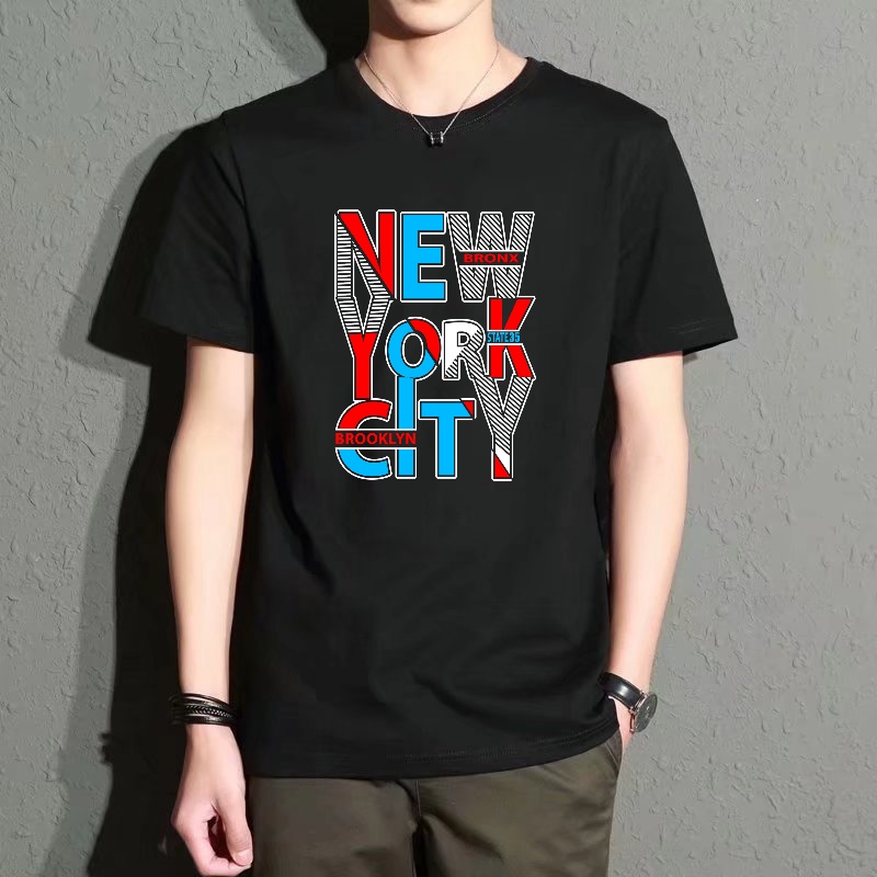 Men's Black Round-Neck Short-S - Street Style New York Fashion ulasan dan harga