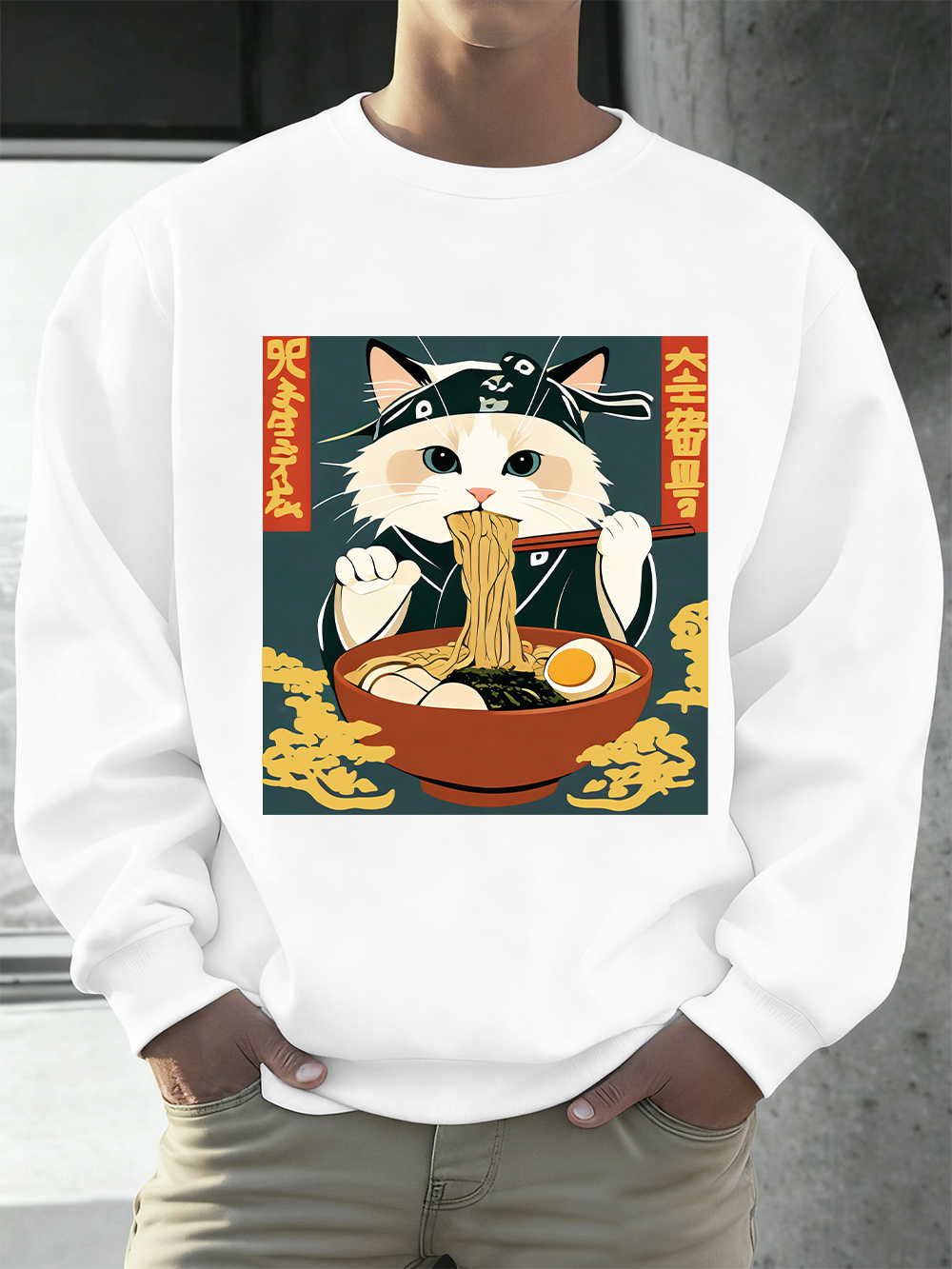 Cats Like Lamian Noodles Print - Oversized Crewneck Fleece ulasan dan harga