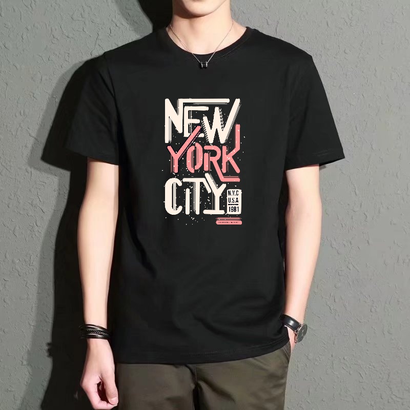 Men's Black Round-Neck Short-S - Street Style New York Fashion ulasan dan harga