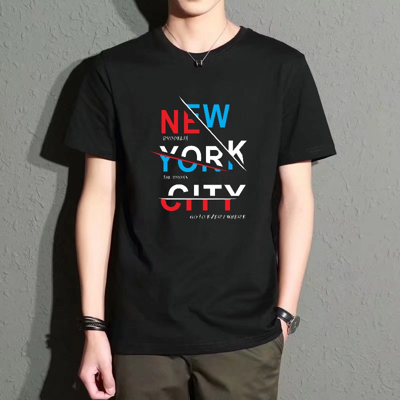 Men's Black Round-Neck Short-S - Street Style New York Fashion ulasan dan harga