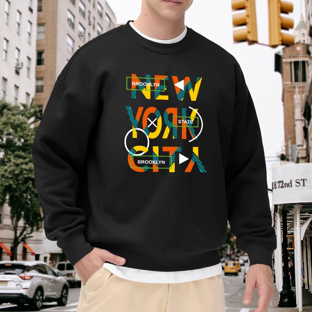 Men's Black Crew Neck Loose Sw - Street Style New York Fashion ulasan dan harga
